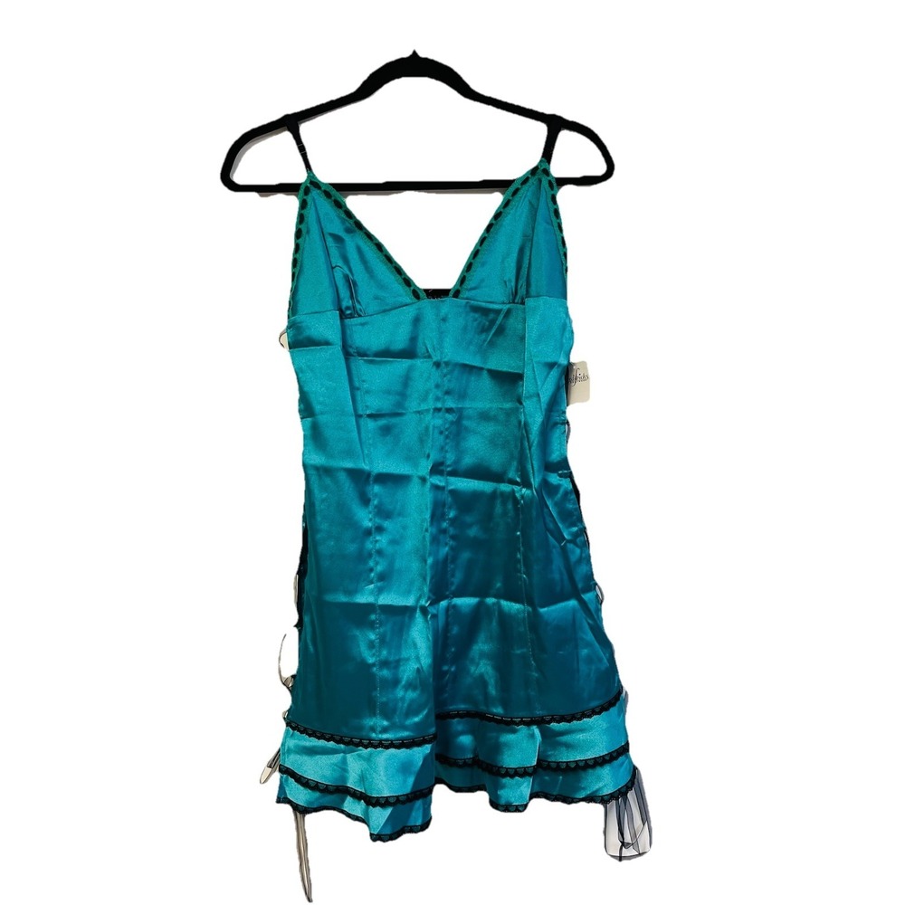 Vintage Frederick's of Hollywood Satin Babydoll Dress Side Tie Teal Black NWT